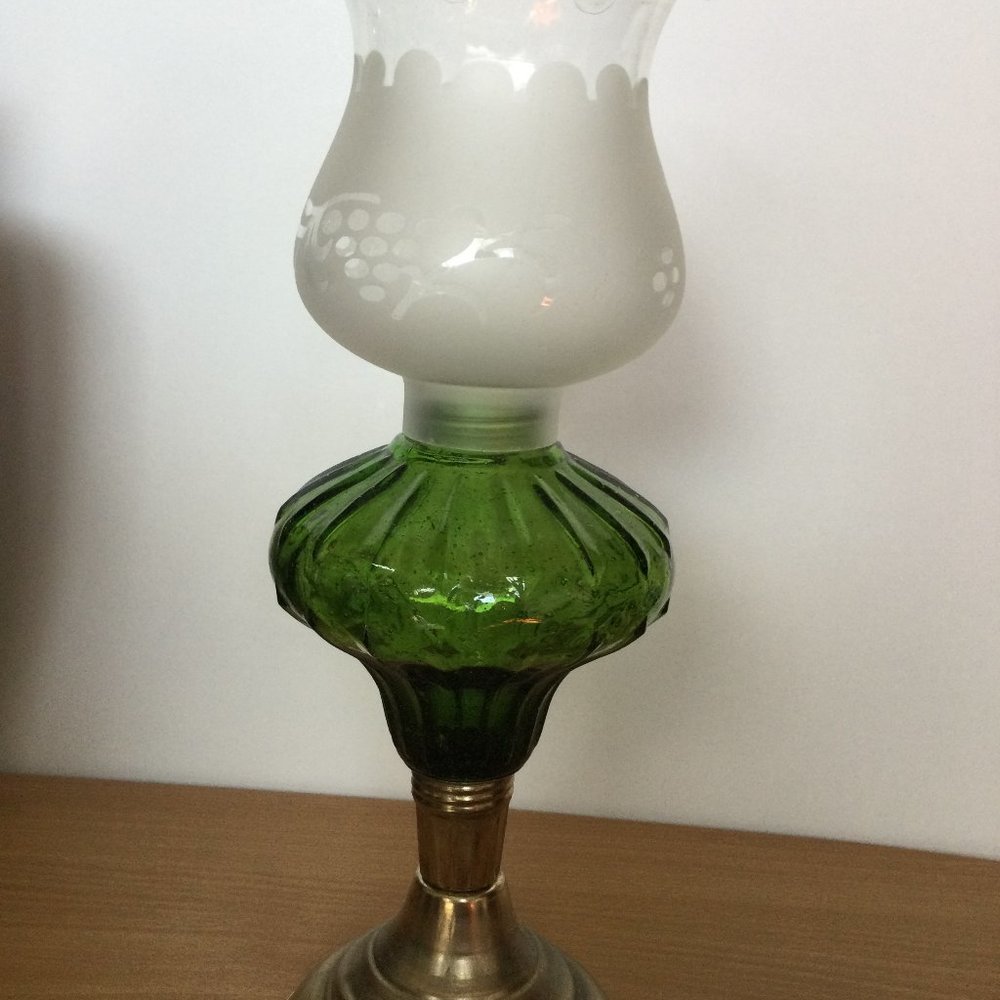 Metal and glass candle holder lamp removable cover green white made in Hong Kong